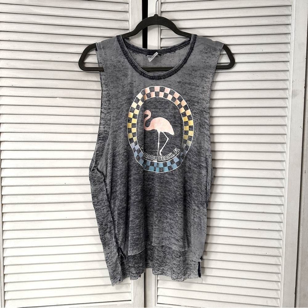 Vintage-Style Gray Flamingo Graphic Tank Top - Pensacola Beach, FL"